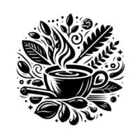 Monochromatic coffee cup encircled by leaves, beans, and decorative elements, stylized and symmetrical , evoking warmth. vector