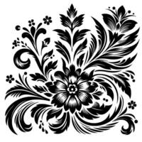 Intricate black floral ornament with various stylized blooms, leaves, and swirling elements on a white backdrop, a symmetrical . vector