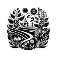 Monochromatic Botanical Illustration of a Scenic Garden Path Leading to a Bridge, Surrounded by Lush Floral and Foliage Elements. vector