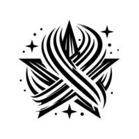 Black and White Starburst A geometric star composed with interwoven, stylized lines, set against a clean white backdrop, and starburst elements. vector