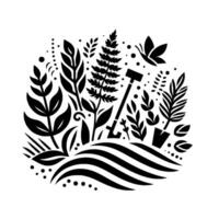 A Stylized Black and White Garden Scene Plants, Tools, and a Butterfly Flourish in a Circular Composition. vector