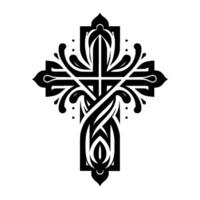 Ornate Black and White Celtic Cross with Intricate Floral and Geometric Patterns, Isolated on White Background. vector
