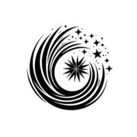 Black and white starburst featuring a central star encircled by flowing curved lines and emanating star sparkles, on a white background. vector
