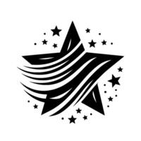 A stylized black star illustration with sweeping curved lines on a white background, surrounded by various sized smaller stars. vector