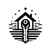 Black and White Geometric House with Key and Stars, Illustrating Home Security and Real Estate vector