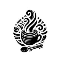 Artistic Black and White Coffee Cup with Steam and Spoon, Surrounded by Ornate Decorative Elements on a White Backdrop. vector