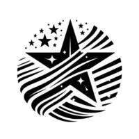 Intricate black and white stylized featuring a large fivepointed star within a circle formed by striped patterns and smaller stars. vector