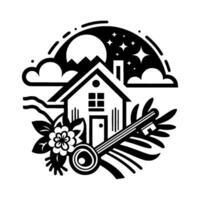 Stylized black and white illustration of a house under a night sky with a key and floral elements. vector