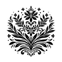 Symmetrical Black Floral Mandala on White Background, Detailed Botanical with Leafy Branches, Flower Buds, and Intricate Patterns. vector