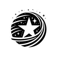 A Bold Black and White Emblem A Central White Star with Smaller Stars within a Swirling Black Circle, on a White Backdrop. vector
