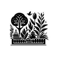 Minimalist Garden Illustration Black and White scene featuring a tree, plants, a fence, bird and teapot in a symmetrical composition. vector
