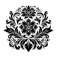 Symmetrical Black Floral Pattern with Leaves and Swirls, Decorative Ornament on White Background. vector