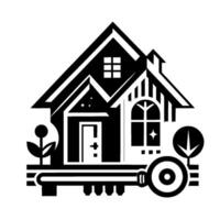 Stylized Monochrome House with Key, Trees, and Sparkling Window A Representation of Home Ownership Security. vector
