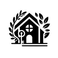 Minimalist black and white of a house with a key and foliage, conveying home, security, and natures embrace. vector