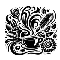 A stylized black and white illustration featuring coffee, pens, and artistic elements arranged in a symmetrical . vector