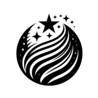 Elegant Black and White Celestial Sphere Star Bursting from Swirling Lines, Enclosed in a Circle, Minimalist . vector