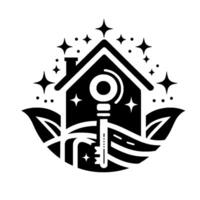 Black and White Home Key with a key, house shape, surrounded by stars and leaves, suggesting new beginnings and prosperity. vector