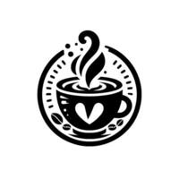 Monochromatic coffee cup emblem with steam and a heart, within a dotted circle, surrounded by coffee beans, expressing warmth. vector