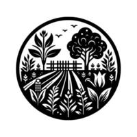 Black and White Circular Illustration of a Garden with Crops, a Fence, Trees and Flying Birds vector
