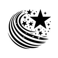 Black and white stylized illustration Crescent swoop of lines, stars of varying sizes and starbursts on white background. vector