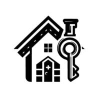 Stylized black and white house emblem featuring a chimney, window, and key, suggesting homeownership, property, or real estate. vector