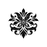 Elegant symmetrical black floral with leaves, curls, and dots against a stark white background, evocative of vintage decor. vector