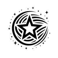 Black and White Starburst A central fivepointed star within a stylized concentric swirl, adorned with celestial dots and star accents. vector