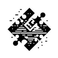 Abstract black and white geometric puzzle with a central E shape, surrounded by dots and lines, on a white background. vector