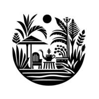 Monochrome Garden Scene Teapot, Chair, and Tropical Foliage Under a Solar Eclipselike Sun, Enclosed in a Circular Frame. vector