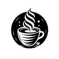 Black and white coffee cup with steaming swirl , set in a circular background with dots and coffee bean leaf detail. vector