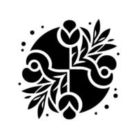 Bold Black and White Circular Floral Motif with Geometric Symmetry, Leaves and Buds, Isolated on White Background. vector