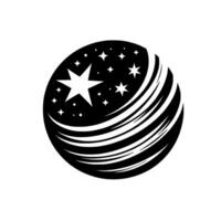 Monochrome depicting a stylized globe, with radiating lines and celestial stars of varied sizes on a dark surface, set against a bright background. vector