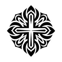 Black and White Geometric Cross surrounded by a symmetrical, stylized ornamental on a white background. vector