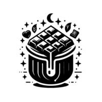 A cosmic chocolate dessert illustration, adorned with celestial elements, flowing ganache, and a heart, celebrating indulgence. vector