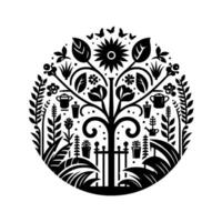 Elegant Black and White Botanical Illustration A Circular Garden Scene with Tree, Flowers, Butterflies, and Gardening Tools in a Symbolic, Minimalist . vector
