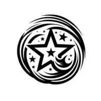 Bold, monochrome star emblem with swirling, tribalinspired strokes, and a constellation of smaller stars, rendered on a white background. vector