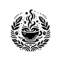 Minimalist Black and White Coffee Cup with Steam, Surrounded by Laurel Wreath and Decorative Elements. vector