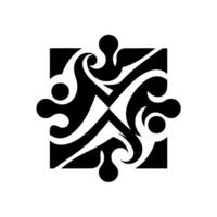 Abstract symmetrical square with black flowing patterns, swirling shapes, and rounded accents against a white backdrop. vector