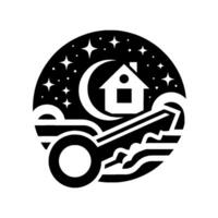 Stylized emblem house nestled by crescent moon and starlit sky, with a key in a gradient, circular art. vector