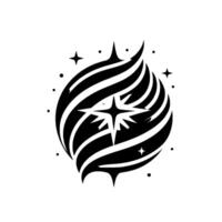 Black and white stylized cosmic emblem featuring a central starburst within swirling lines, surrounded by dots and stars. vector