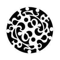 Intricate Black and White Circular Ornament A symmetrical featuring swirling floral and dot patterns contained within a solid black circle, rendered in a high contrast style. vector