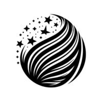 Abstract Black and White Emblem Featuring a Swirling, Featherlike Shape with Stars and Dots, on a White Background. vector