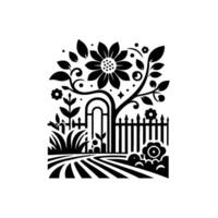 Intricate Black and White Garden Illustration Sunflower Tree, Fence, and Curved Path on White Background. vector