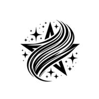 A bold black star emblem with a flowing, striped arc, surrounded by shimmering starbursts, set against a pristine white background. vector