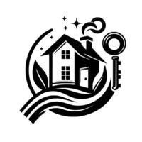 Black and white featuring a house with leaves, a key, smoke, and stars, symbolizing home and security within a natural embrace. vector