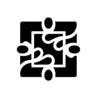 Black and white featuring an abstract square with a framed square in the center, connected by swirling lines, and egg shapes on the corners. vector