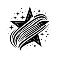 Black and white stylized starburst featuring a fivepointed star with a flowing, striped tail and surrounding sparkle elements on a white background. vector