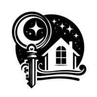 Symbolic nighttime home emblem with a key, moon, and stars, representing dreams and security in a minimalist . vector