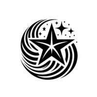 Black and white starburst featuring a large star encircled by swirling lines and smaller star accents, set against a white background. vector