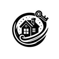 Black and white real estate featuring a house, key, and swirling within a circular frame, conveying security, home ownership, and property. vector